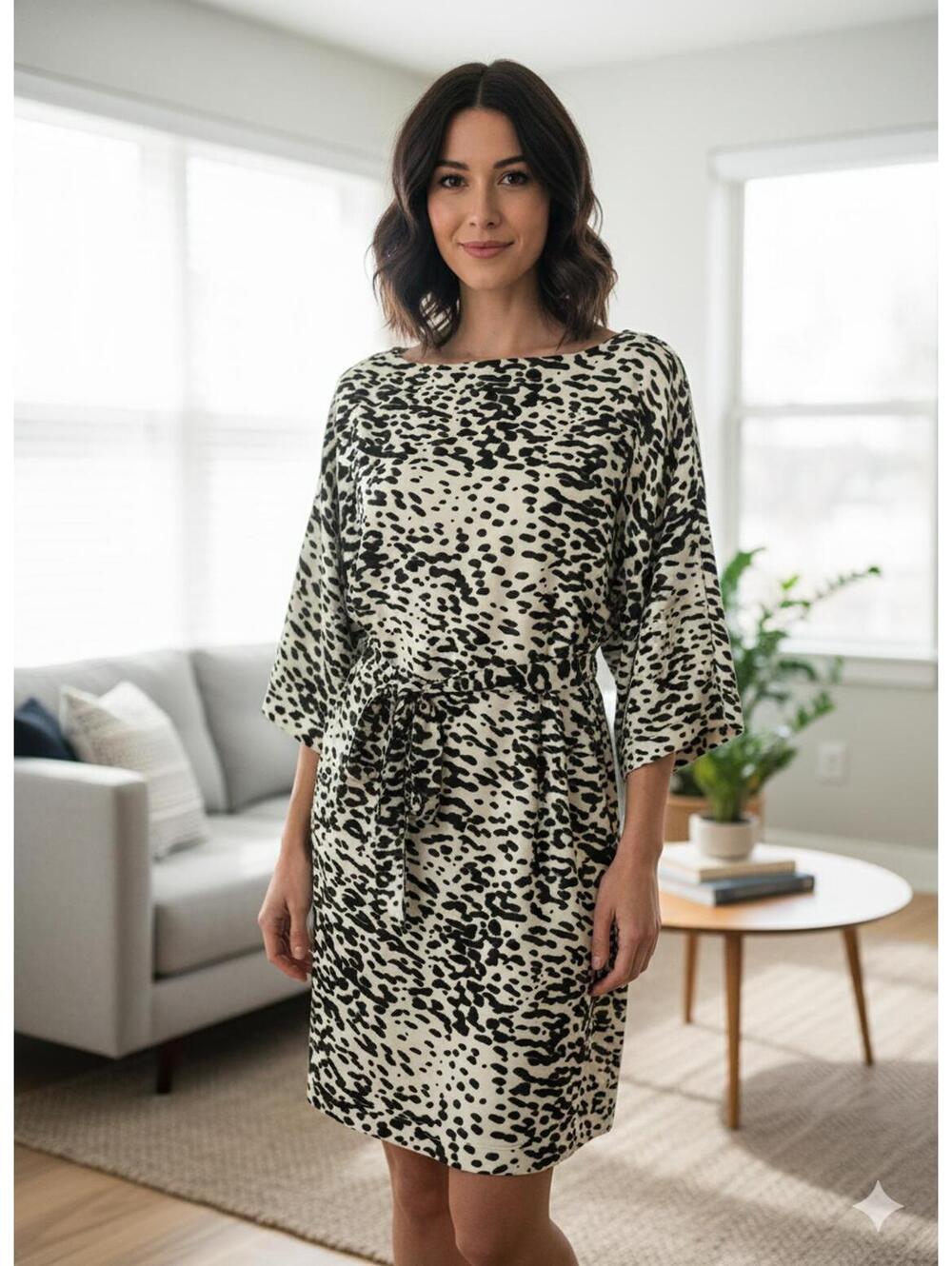 W118 Walter Baker Women's Midi Dress Black Cream Animal L